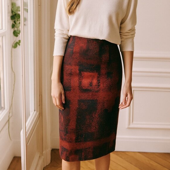 Lafayette 148 Red & Gray Print Pencil Skirt 4 - Picture 1 of 6